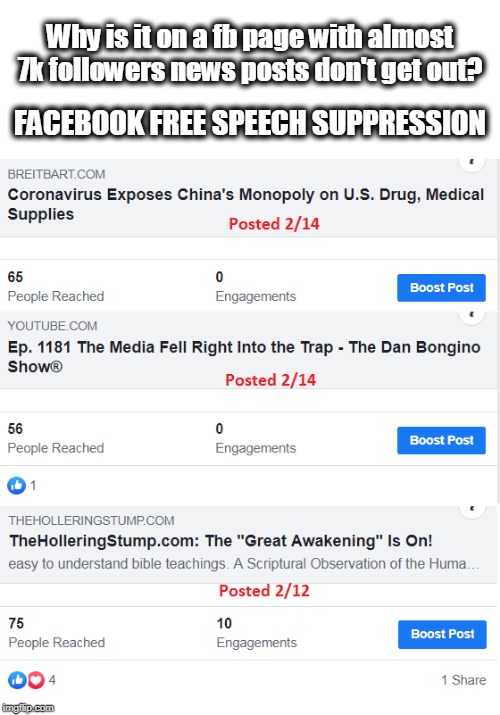 Freakin' socialists... |  Why is it on a fb page with almost 7k followers news posts don't get out? FACEBOOK FREE SPEECH SUPPRESSION | image tagged in 1st amendment,facebook,facebook problems,wwg1wga | made w/ Imgflip meme maker