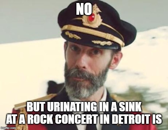 Captain Obvious | NO BUT URINATING IN A SINK AT A ROCK CONCERT IN DETROIT IS | image tagged in captain obvious | made w/ Imgflip meme maker