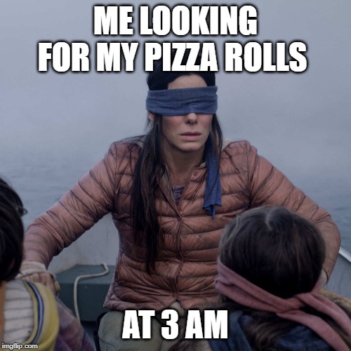 Bird Box Meme | ME LOOKING FOR MY PIZZA ROLLS; AT 3 AM | image tagged in memes,bird box | made w/ Imgflip meme maker