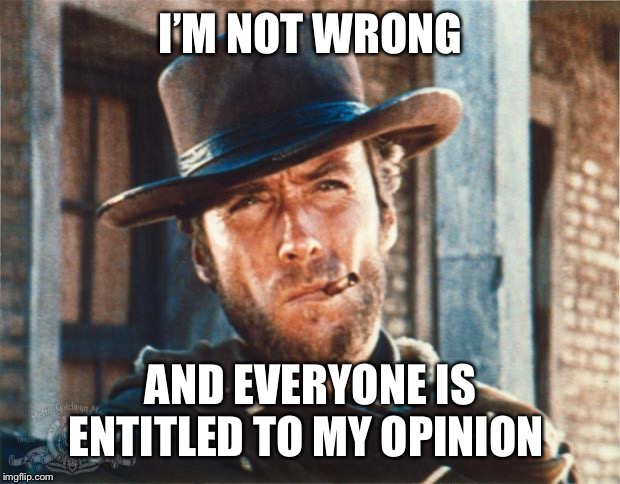 Clint Eastwood | I’M NOT WRONG; AND EVERYONE IS ENTITLED TO MY OPINION | image tagged in clint eastwood | made w/ Imgflip meme maker