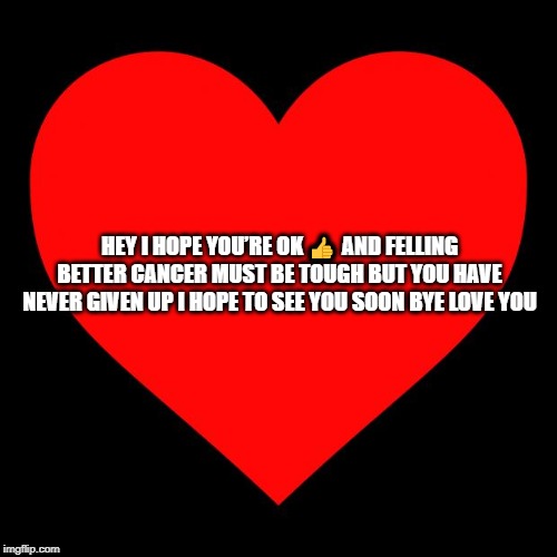 Heart | HEY I HOPE YOU’RE OK 👍 AND FELLING BETTER CANCER MUST BE TOUGH BUT YOU HAVE NEVER GIVEN UP I HOPE TO SEE YOU SOON BYE LOVE YOU | image tagged in heart | made w/ Imgflip meme maker