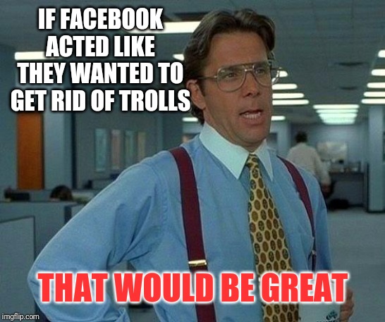 That Would Be Great Meme | IF FACEBOOK ACTED LIKE THEY WANTED TO GET RID OF TROLLS; THAT WOULD BE GREAT | image tagged in memes,that would be great | made w/ Imgflip meme maker