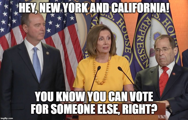 Schiff Pelosi nadler | HEY, NEW YORK AND CALIFORNIA! YOU KNOW YOU CAN VOTE FOR SOMEONE ELSE, RIGHT? | image tagged in schiff pelosi nadler | made w/ Imgflip meme maker
