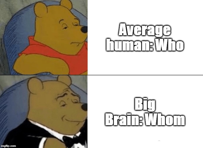 Tuxedo Winnie The Pooh | Average human: Who; Big Brain: Whom | image tagged in memes,tuxedo winnie the pooh | made w/ Imgflip meme maker