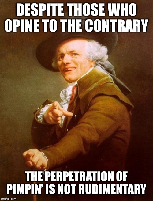 Joseph Ducreux Meme | DESPITE THOSE WHO OPINE TO THE CONTRARY; THE PERPETRATION OF PIMPIN’ IS NOT RUDIMENTARY | image tagged in memes,joseph ducreux | made w/ Imgflip meme maker