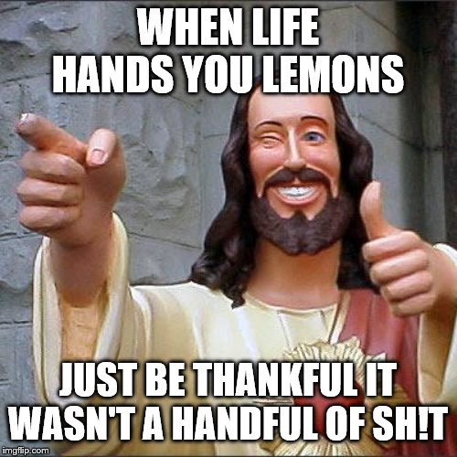 Buddy Christ Meme | WHEN LIFE HANDS YOU LEMONS; JUST BE THANKFUL IT WASN'T A HANDFUL OF SH!T | image tagged in memes,buddy christ | made w/ Imgflip meme maker