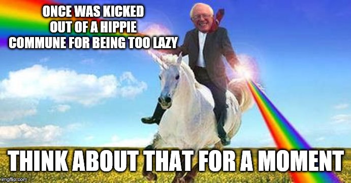 Bernie Sanders on magical unicorn | ONCE WAS KICKED OUT OF A HIPPIE COMMUNE FOR BEING TOO LAZY; THINK ABOUT THAT FOR A MOMENT | image tagged in bernie sanders on magical unicorn | made w/ Imgflip meme maker