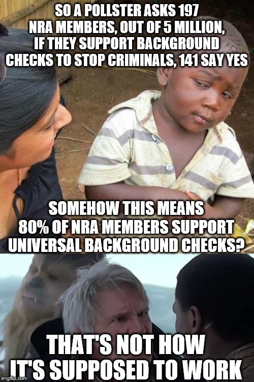 SO A POLLSTER ASKS 197 NRA MEMBERS, OUT OF 5 MILLION, IF THEY SUPPORT BACKGROUND CHECKS TO STOP CRIMINALS, 141 SAY YES; SOMEHOW THIS MEANS 80% OF NRA MEMBERS SUPPORT UNIVERSAL BACKGROUND CHECKS? THAT'S NOT HOW IT'S SUPPOSED TO WORK | image tagged in memes,third world skeptical kid,that's not how it works | made w/ Imgflip meme maker