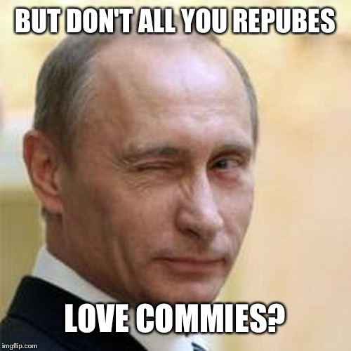 Putin Winking | BUT DON'T ALL YOU REPUBES LOVE COMMIES? | image tagged in putin winking | made w/ Imgflip meme maker