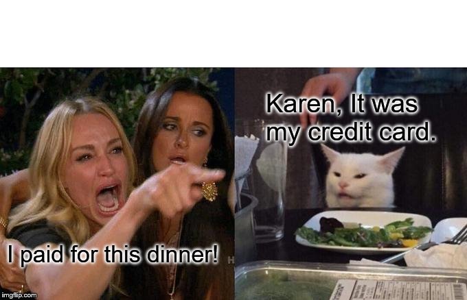 Woman Yelling At Cat | Karen, It was my credit card. I paid for this dinner! | image tagged in memes,woman yelling at cat | made w/ Imgflip meme maker