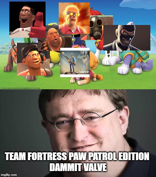 team paw patrol fortress 2 |  TEAM FORTRESS PAW PATROL EDITION 
DAMMIT VALVE | image tagged in dammit valve,paw patrol meme | made w/ Imgflip meme maker