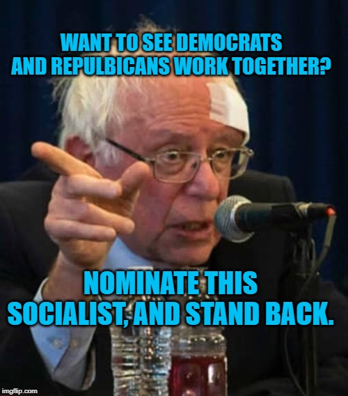 Bandage Bernie Sanders | WANT TO SEE DEMOCRATS AND REPULBICANS WORK TOGETHER? NOMINATE THIS SOCIALIST, AND STAND BACK. | image tagged in bandage bernie sanders | made w/ Imgflip meme maker