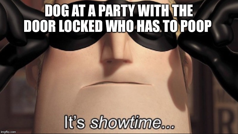 It's showtime | DOG AT A PARTY WITH THE DOOR LOCKED WHO HAS TO POOP | image tagged in it's showtime | made w/ Imgflip meme maker