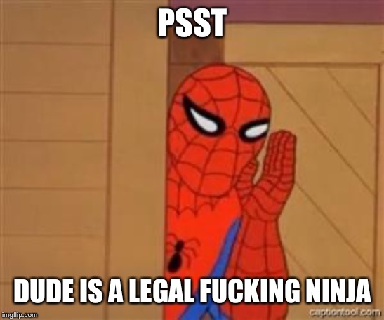 psst spiderman | PSST; DUDE IS A LEGAL FUCKING NINJA | image tagged in psst spiderman | made w/ Imgflip meme maker
