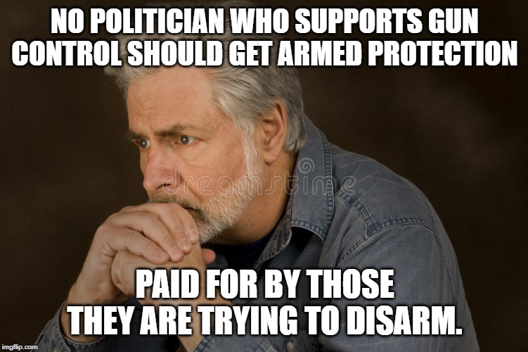 ban the guns but keep me safe | NO POLITICIAN WHO SUPPORTS GUN CONTROL SHOULD GET ARMED PROTECTION; PAID FOR BY THOSE THEY ARE TRYING TO DISARM. | image tagged in deep thought,2a,fair is fair | made w/ Imgflip meme maker