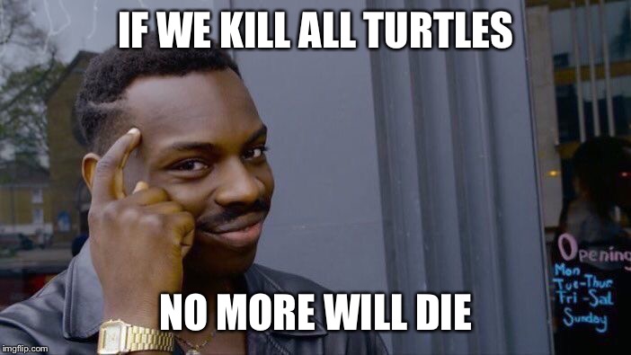Save the Turtles | IF WE KILL ALL TURTLES; NO MORE WILL DIE | image tagged in memes,roll safe think about it | made w/ Imgflip meme maker