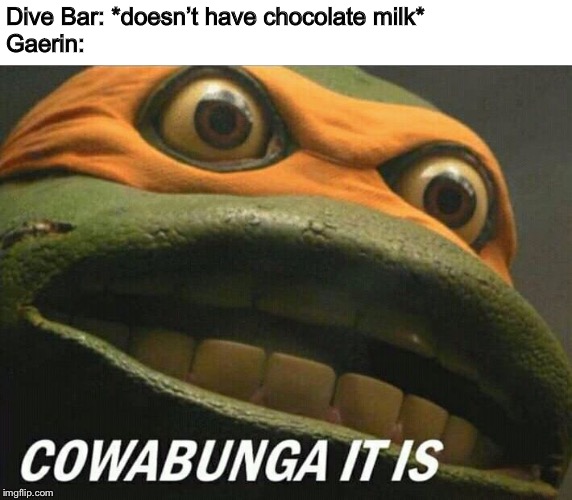 Cowabunga it is | Dive Bar: *doesn’t have chocolate milk*
Gaerin: | image tagged in cowabunga it is | made w/ Imgflip meme maker