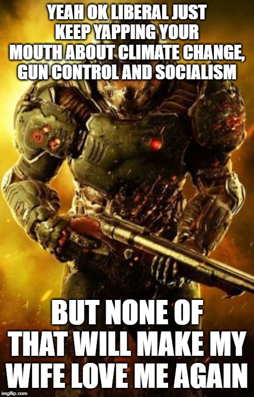 YEAH OK LIBERAL JUST KEEP YAPPING YOUR MOUTH ABOUT CLIMATE CHANGE, GUN CONTROL AND SOCIALISM; BUT NONE OF THAT WILL MAKE MY WIFE LOVE ME AGAIN | image tagged in doom,liberal | made w/ Imgflip meme maker