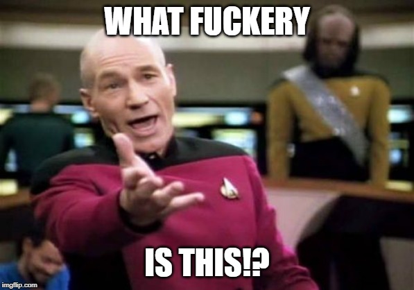 Picard Wtf Meme | WHAT FUCKERY; IS THIS!? | image tagged in memes,picard wtf | made w/ Imgflip meme maker