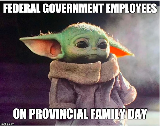 Sad Baby Yoda | FEDERAL GOVERNMENT EMPLOYEES; ON PROVINCIAL FAMILY DAY | image tagged in sad baby yoda | made w/ Imgflip meme maker