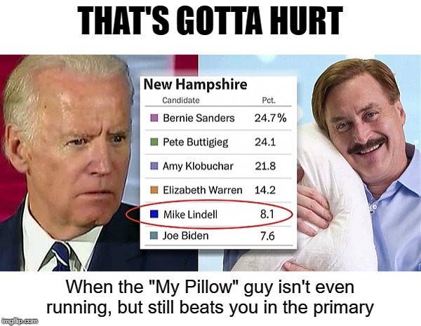 My Pillow for President | THAT'S GOTTA HURT; When the "My Pillow" guy isn't even running, but still beats you in the primary | image tagged in democrat primary,joe biden | made w/ Imgflip meme maker