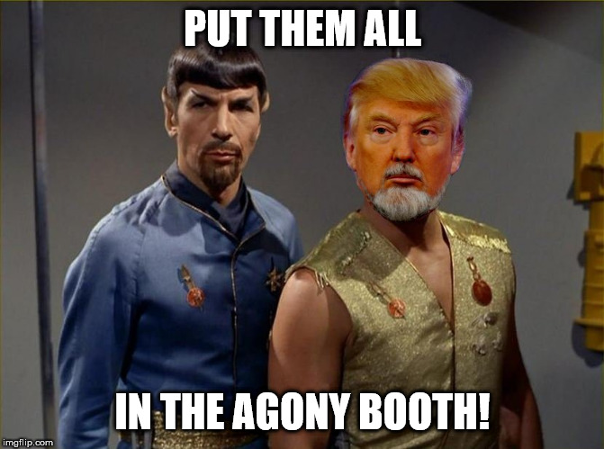 PUT THEM ALL IN THE AGONY BOOTH! | PUT THEM ALL; IN THE AGONY BOOTH! | image tagged in mirror,star trek | made w/ Imgflip meme maker