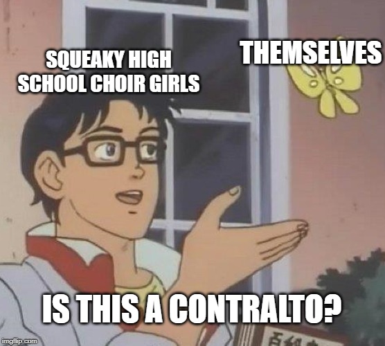 Is This A Pigeon | THEMSELVES; SQUEAKY HIGH SCHOOL CHOIR GIRLS; IS THIS A CONTRALTO? | image tagged in memes,is this a pigeon,opera,choir,singing,classical music | made w/ Imgflip meme maker