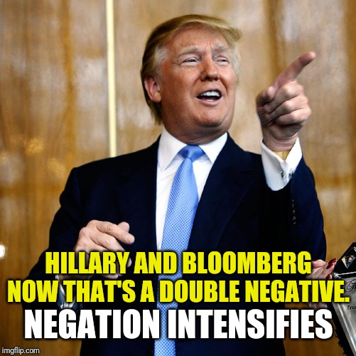 Donal Trump Birthday | HILLARY AND BLOOMBERG NOW THAT'S A DOUBLE NEGATIVE. NEGATION INTENSIFIES | image tagged in donal trump birthday | made w/ Imgflip meme maker
