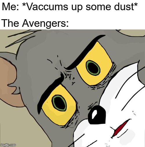 Unsettled Tom | Me: *Vaccums up some dust*; The Avengers: | image tagged in memes,unsettled tom | made w/ Imgflip meme maker