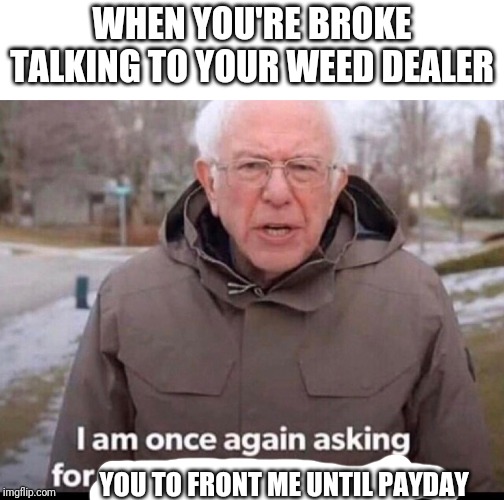 bernie sanders financial support | WHEN YOU'RE BROKE TALKING TO YOUR WEED DEALER; YOU TO FRONT ME UNTIL PAYDAY | image tagged in bernie sanders financial support | made w/ Imgflip meme maker