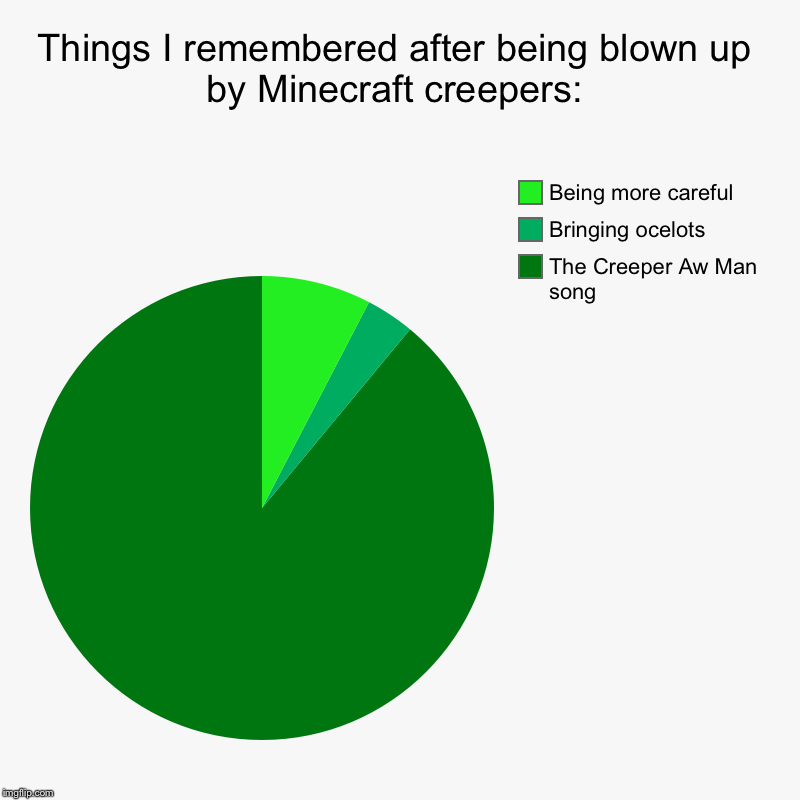 Wow | Things I remembered after being blown up by Minecraft creepers: | The Creeper Aw Man song, Bringing ocelots, Being more careful | image tagged in charts,pie charts,memes,funny,minecraft,creeper | made w/ Imgflip chart maker