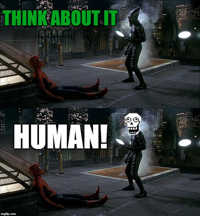 Spider man and the wird Goblin | THINK ABOUT IT; HUMAN! | image tagged in spiderman,undertale,papyrus,green goblin | made w/ Imgflip meme maker