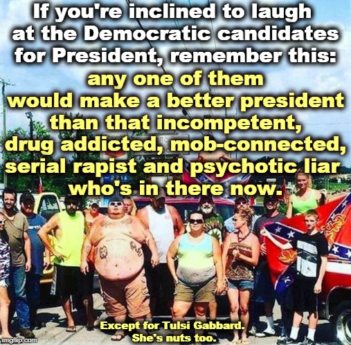 A word to the Trump Cult Weenies | If you're inclined to laugh 
at the Democratic candidates for President, remember this:; any one of them would make a better president than that incompetent, drug addicted, mob-connected, serial rapist and psychotic liar 
who's in there now. Except for Tulsi Gabbard. 
She's nuts too. | image tagged in trump voters redneck hillbilly cracker goober confederacy,trump,criminal,rapist,drugs,liar | made w/ Imgflip meme maker