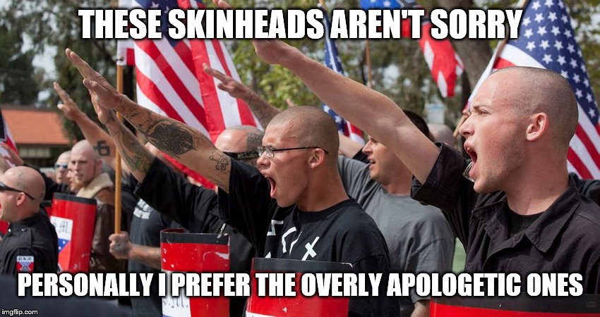 Is our Republic more threatened by overly apologetic whites, or these guys? | THESE SKINHEADS AREN'T SORRY; PERSONALLY I PREFER THE OVERLY APOLOGETIC ONES | image tagged in neo nazis,nazis,fascism,right wing,racism,white people | made w/ Imgflip meme maker