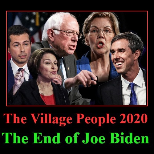 The Village People 2020: The End of Creepy Uncle Joe | image tagged in creepy uncle joe,sad joe biden,joe biden,the village people,iowa caucus,rub it in | made w/ Imgflip meme maker