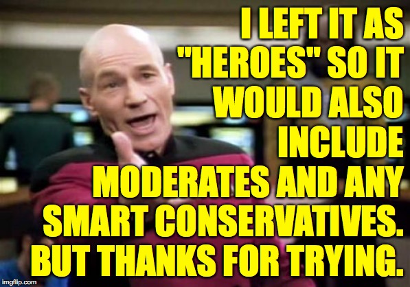 Picard Wtf Meme | I LEFT IT AS
"HEROES" SO IT
WOULD ALSO
INCLUDE
MODERATES AND ANY
SMART CONSERVATIVES.
BUT THANKS FOR TRYING. | image tagged in memes,picard wtf | made w/ Imgflip meme maker