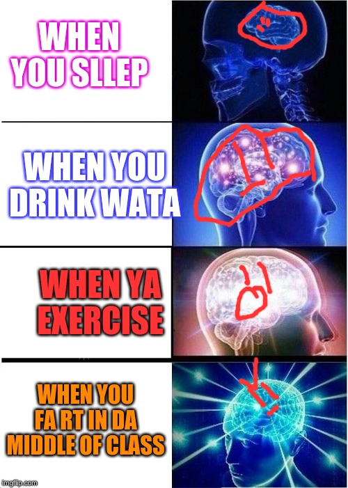 Expanding Brain Meme | WHEN YOU SLLEP; WHEN YOU DRINK WATA; WHEN YA EXERCISE; WHEN YOU FA RT IN DA MIDDLE OF CLASS | image tagged in memes,expanding brain | made w/ Imgflip meme maker