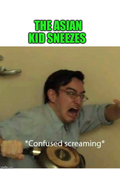 confused screaming | THE ASIAN KID SNEEZES | image tagged in confused screaming | made w/ Imgflip meme maker