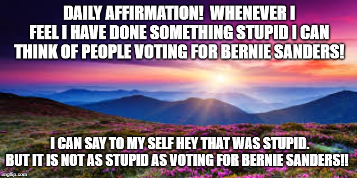 Daily Affirmation!!  Whenever I Feel Stupid! | DAILY AFFIRMATION!  WHENEVER I FEEL I HAVE DONE SOMETHING STUPID I CAN THINK OF PEOPLE VOTING FOR BERNIE SANDERS! I CAN SAY TO MY SELF HEY THAT WAS STUPID. BUT IT IS NOT AS STUPID AS VOTING FOR BERNIE SANDERS!! | image tagged in bernie sanders,democrats | made w/ Imgflip meme maker