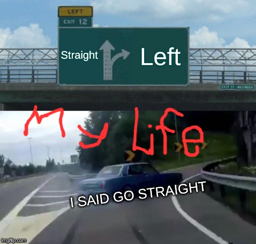 Left Exit 12 Off Ramp | Straight; Left; I SAID GO STRAIGHT | image tagged in memes,left exit 12 off ramp | made w/ Imgflip meme maker