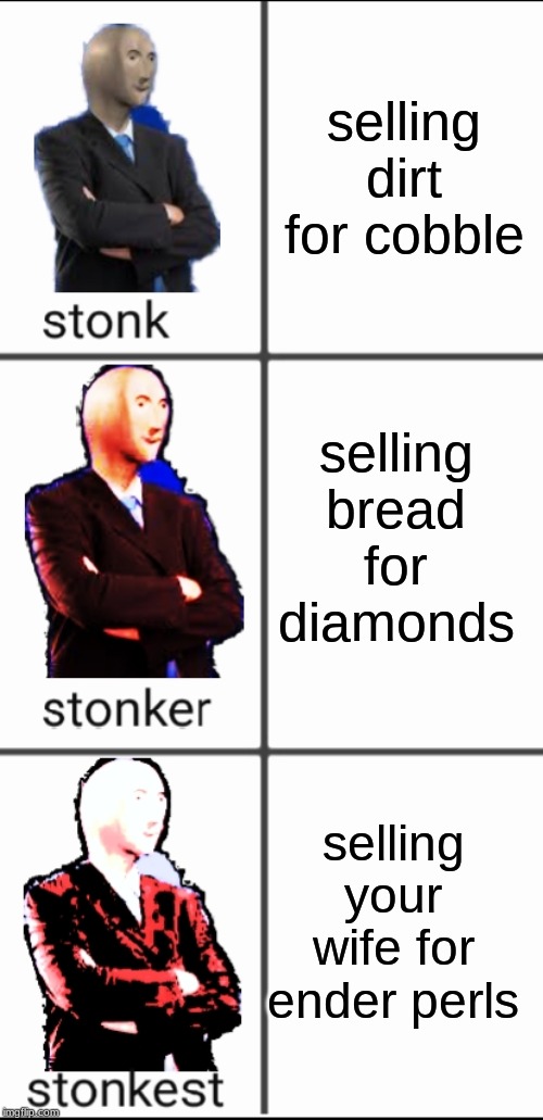 Stonk by level | selling dirt for cobble; selling bread for diamonds; selling your wife for ender perls | image tagged in stonk by level | made w/ Imgflip meme maker
