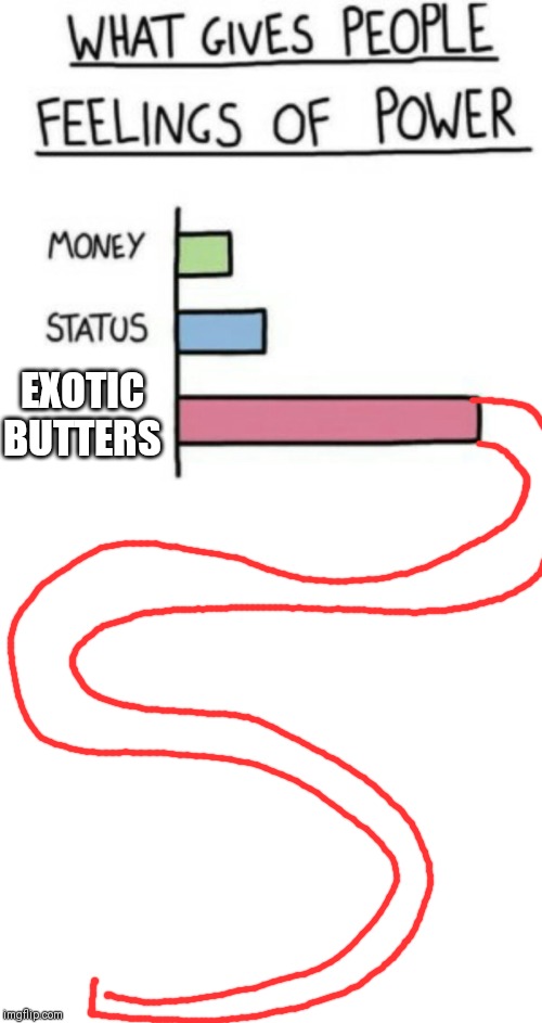 EXOTIC BUTTERS | image tagged in what gives people feelings of power,memes,blank transparent square | made w/ Imgflip meme maker