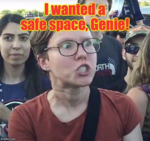 Triggered feminist | I wanted a safe space, Genie! | image tagged in triggered feminist | made w/ Imgflip meme maker
