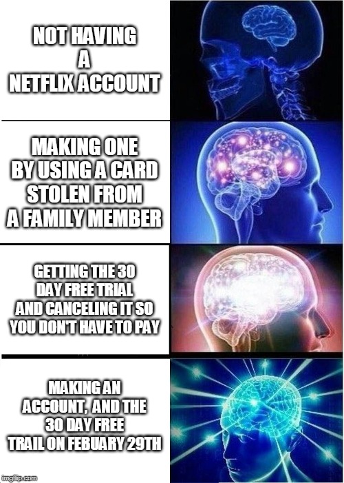 Expanding Brain | NOT HAVING A NETFLIX ACCOUNT; MAKING ONE BY USING A CARD STOLEN FROM A FAMILY MEMBER; GETTING THE 30 DAY FREE TRIAL AND CANCELING IT SO YOU DON'T HAVE TO PAY; MAKING AN ACCOUNT,  AND THE 30 DAY FREE TRAIL ON FEBUARY 29TH | image tagged in memes,expanding brain | made w/ Imgflip meme maker
