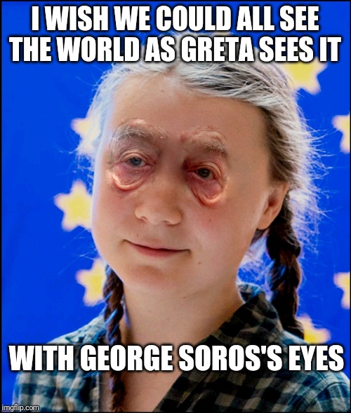 Greta Soros | I WISH WE COULD ALL SEE THE WORLD AS GRETA SEES IT; WITH GEORGE SOROS'S EYES | image tagged in greta soros | made w/ Imgflip meme maker