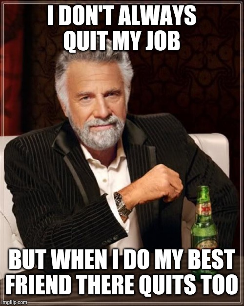 The Most Interesting Man In The World Meme | I DON'T ALWAYS QUIT MY JOB; BUT WHEN I DO MY BEST FRIEND THERE QUITS TOO | image tagged in memes,the most interesting man in the world | made w/ Imgflip meme maker