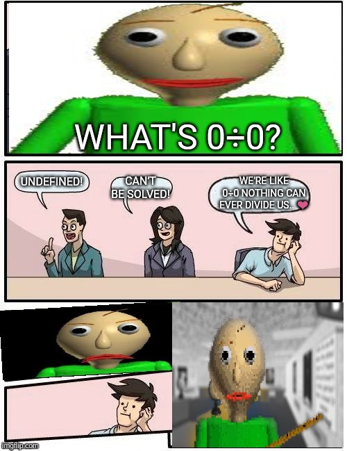 Baldi’s Meeting Suggestion | WHAT'S 0÷0? WE'RE LIKE 0÷0 NOTHING CAN EVER DIVIDE US.. ❤; CAN'T BE SOLVED! UNDEFINED! | image tagged in baldis meeting suggestion | made w/ Imgflip meme maker