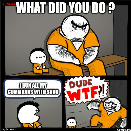 Srgrafo dude wtf | WHAT DID YOU DO ? I RUN ALL MY COMMANDS WITH SUDO | image tagged in srgrafo dude wtf | made w/ Imgflip meme maker