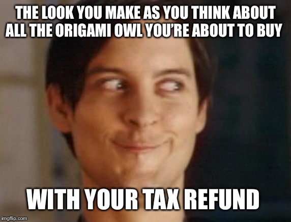 Spiderman Peter Parker Meme | THE LOOK YOU MAKE AS YOU THINK ABOUT ALL THE ORIGAMI OWL YOU’RE ABOUT TO BUY; WITH YOUR TAX REFUND | image tagged in memes,spiderman peter parker | made w/ Imgflip meme maker