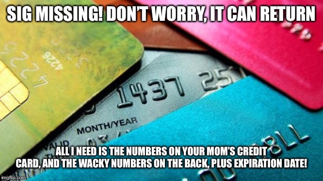 SIG MISSING! DON’T WORRY, IT CAN RETURN; ALL I NEED IS THE NUMBERS ON YOUR MOM’S CREDIT CARD, AND THE WACKY NUMBERS ON THE BACK, PLUS EXPIRATION DATE! | made w/ Imgflip meme maker